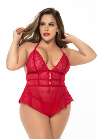 Body rouge grande taille effet babydoll et string assorti - MAL7445XRED